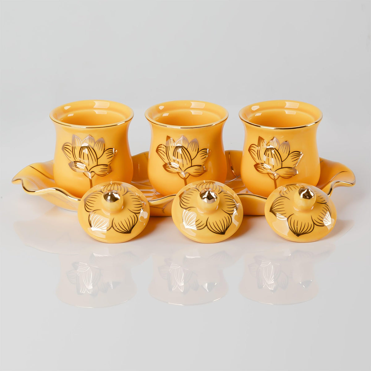 Yellow Buddhist 3 Altar Cups Set (3 Yellow Ceramic Cup Set)