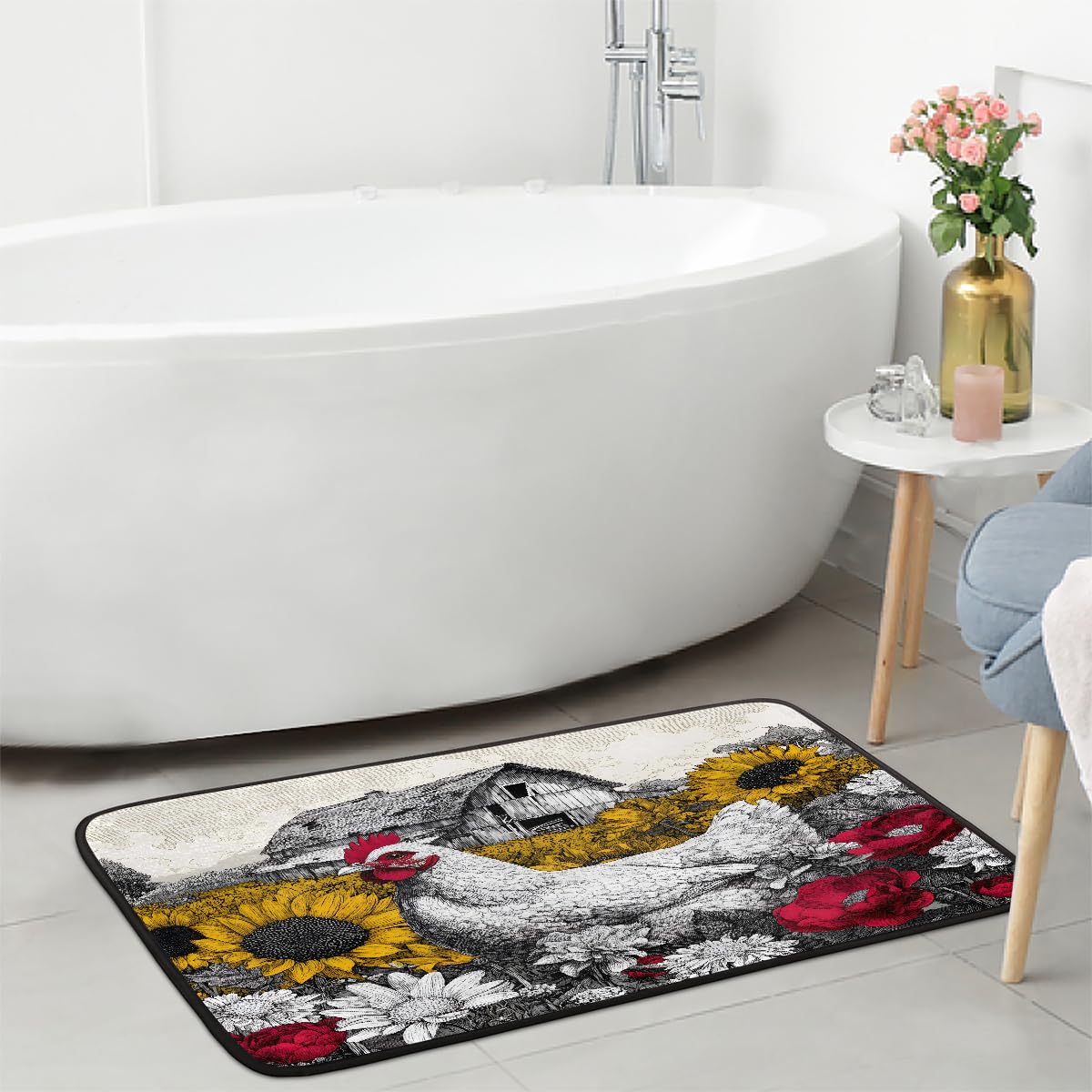 Retro Rooster Kitchen Rug Non (Color28)