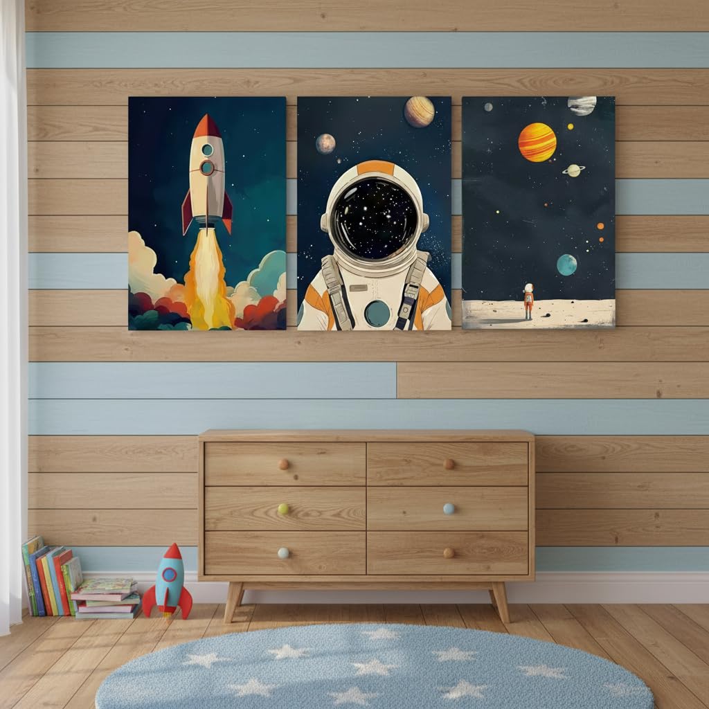 3 Pcs Outer Space Canvas Wall Art (Astronaut / 24"L x 16"W)