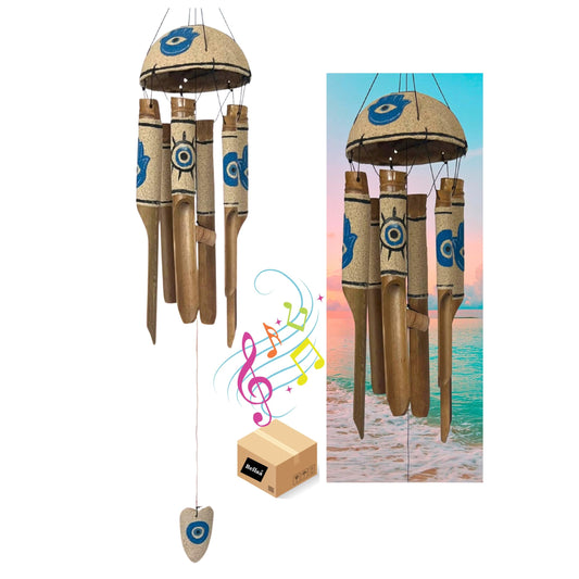 Bamboo Wind Chimes Sea Sand Art Painting Hamsa Evil Eyes Protection Handmade Windchimes Outdoor Garden Patio Gifts 32 Inch (Blue Sand)