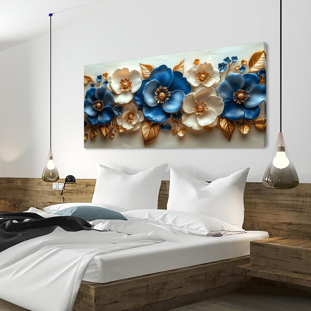 Abstract Beautiful Floral Flower Wall Art for Living Room Office Contemporary Art Deco White Nature Plant Painting Prints Modern Elegant Canvas Artwork Over the Couch Bedroom Decor Extra Large (58"L x 28"W / Blue and White Flower Wall Art (K867))