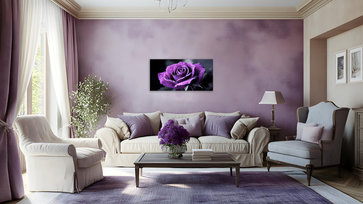 1 Panel Purple Flower Pictures Canvas Wall Art Purple Black and White Purple Rose with Dewdrops Artwork Painting on Canvas Stretched and Framed for Home Decor Living Room 12x24 inch (24"L x 12"W / Purple Flower 12)