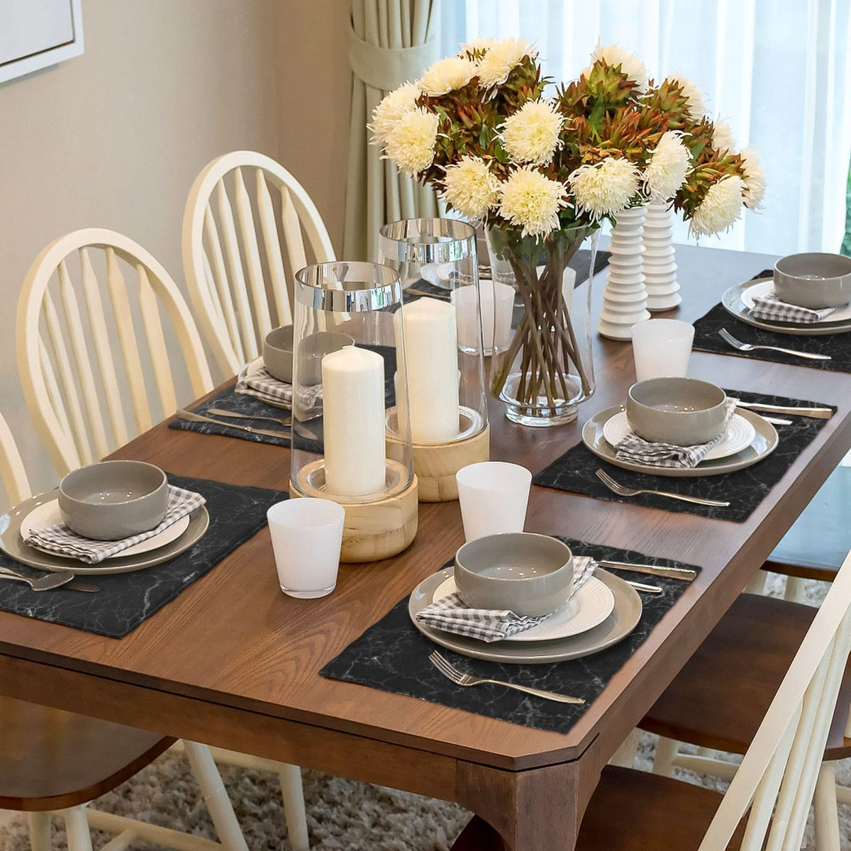 Black Glass Texture Marble Place Mat Set of 6 Pieces Heat (6PCS / Black Texture Marble)