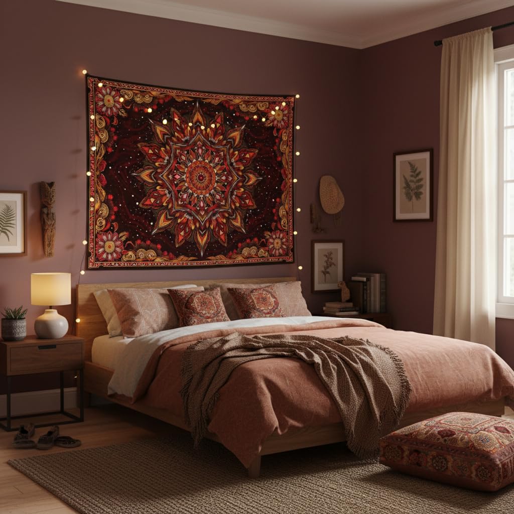Mandala Floral Tapestry Wall Hanging Boho Red Orange Tapestry Aesthetic Hippie Vintage Bohemian Flower Indian Cute Small Tapestries for Bedroom Living Room Dorm Decor 48 x 36 Inch (Bohemian / Red Orange / 48"L x 36"W)