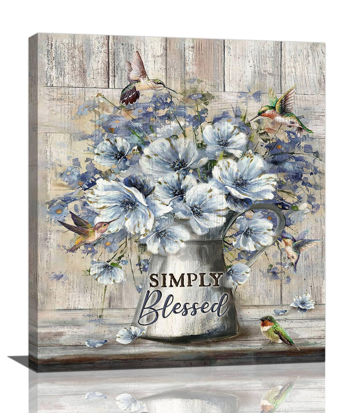 Flower Bathroom Wall Art Farmhouse Flower Pictures Wall Decor Rustic Blue Floral Hummingbird Canvas Painting Prints Modern Artwork Home Decoration for Bathroom Bedroom Living Room 24"x20" (Simply Blessed / 24"L x 20"W)