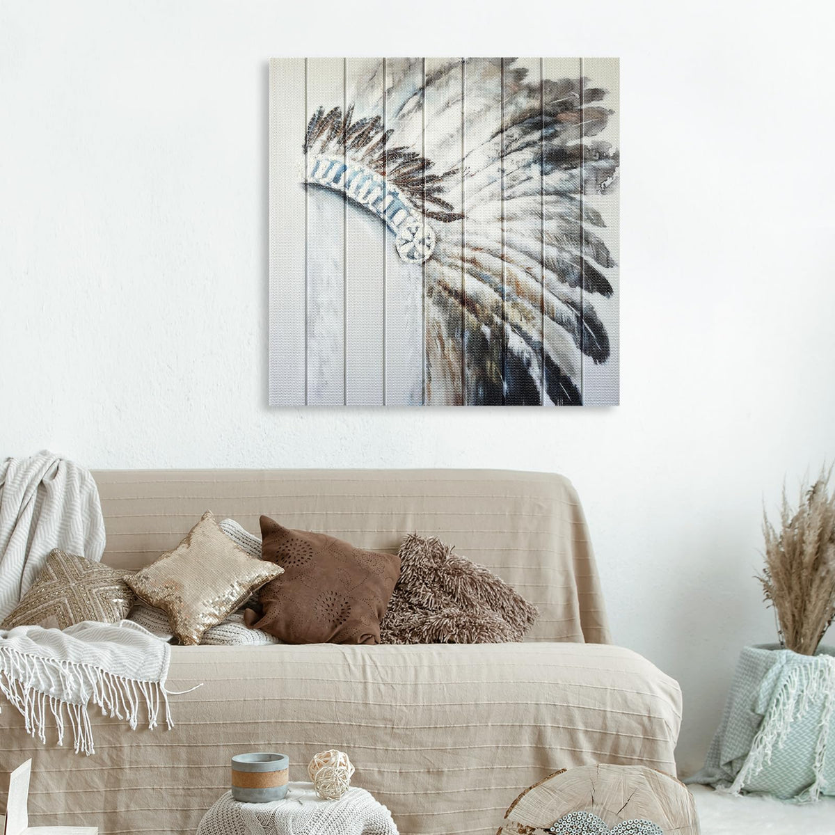 Feather Headdress Ribbon Wall Art Boho Wall Decor Handmade Ribbon Canvas Painting Modern 3D Woven Unique Textured Prints for Living Room Bedroom Bathroom Office Kitchen Home Decor 20" x 20" (Grey / 20"L x 20"W)
