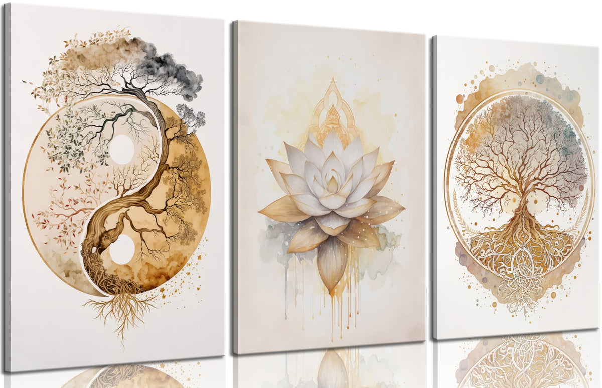 Tree of Life Canvas Wall Art Lotus Zen Painting Picture Wall Decor Abstract Yin Yang Fall Art Poster Print Artwork for Living Room Yoga Room Hotel Bedroom Home Decoration (Canvas Wrapping / 16"L x 12"W)