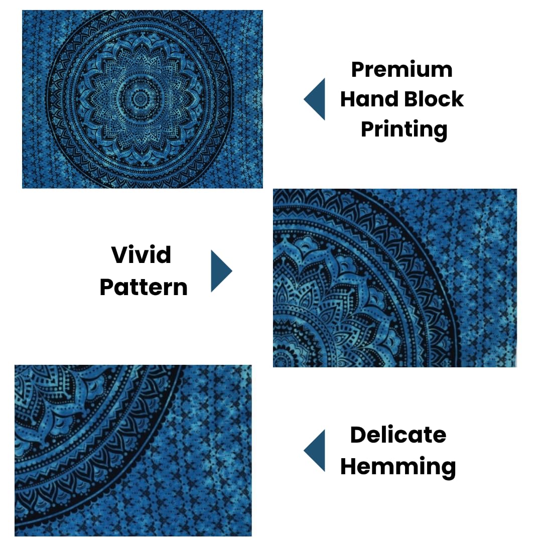 Hand Block Printed Cotton Mandala Wall Tapestry (Blue / 60"L x 50"W)