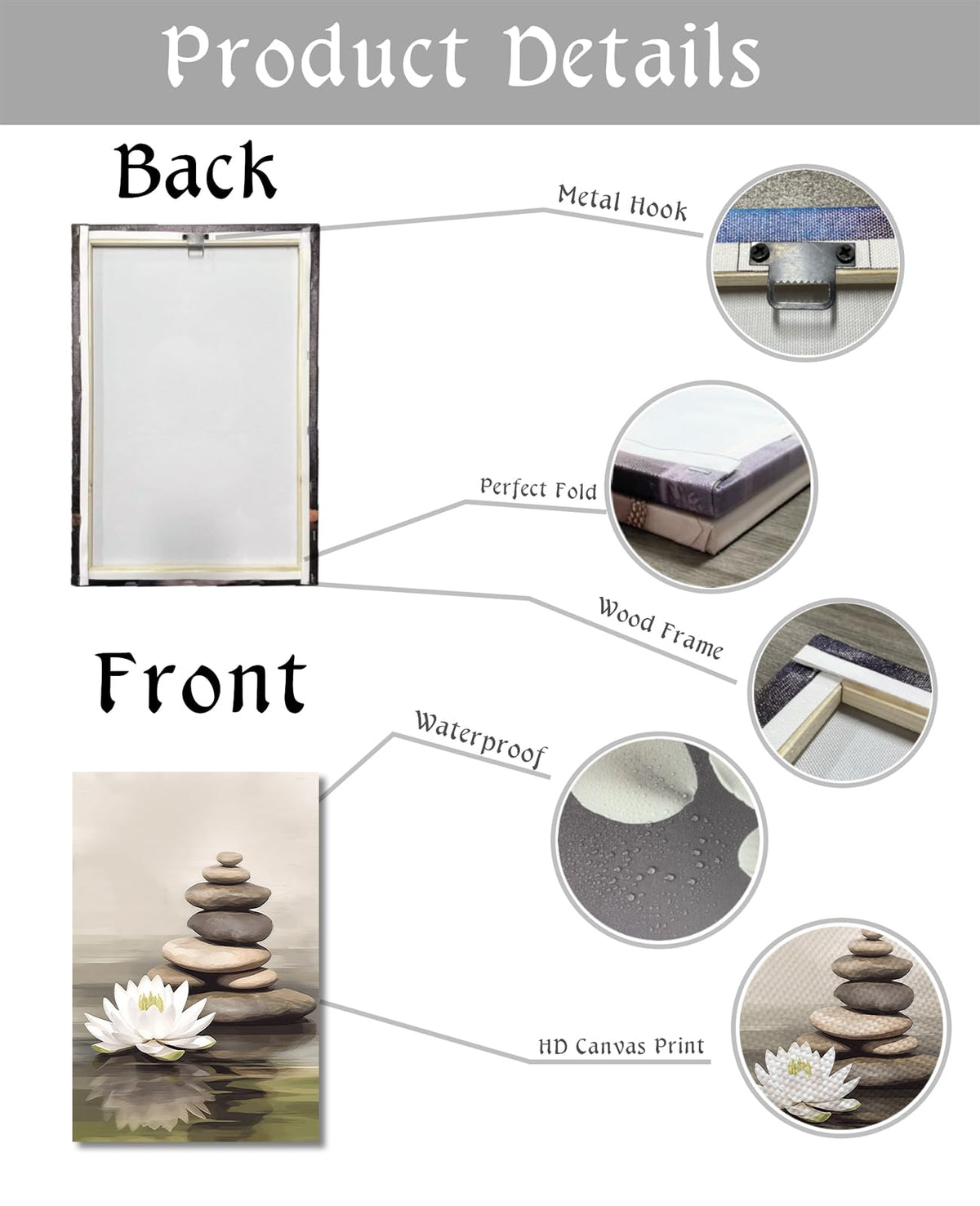 Zen Wall Art Lotus Canvas Print Bathroom Decor Spa Stone Picture Meditation Painting Vintage Artwork for Spiritual Room Living Room Office Modern Home Decor Frame (36"L x 24"W / Art-3)