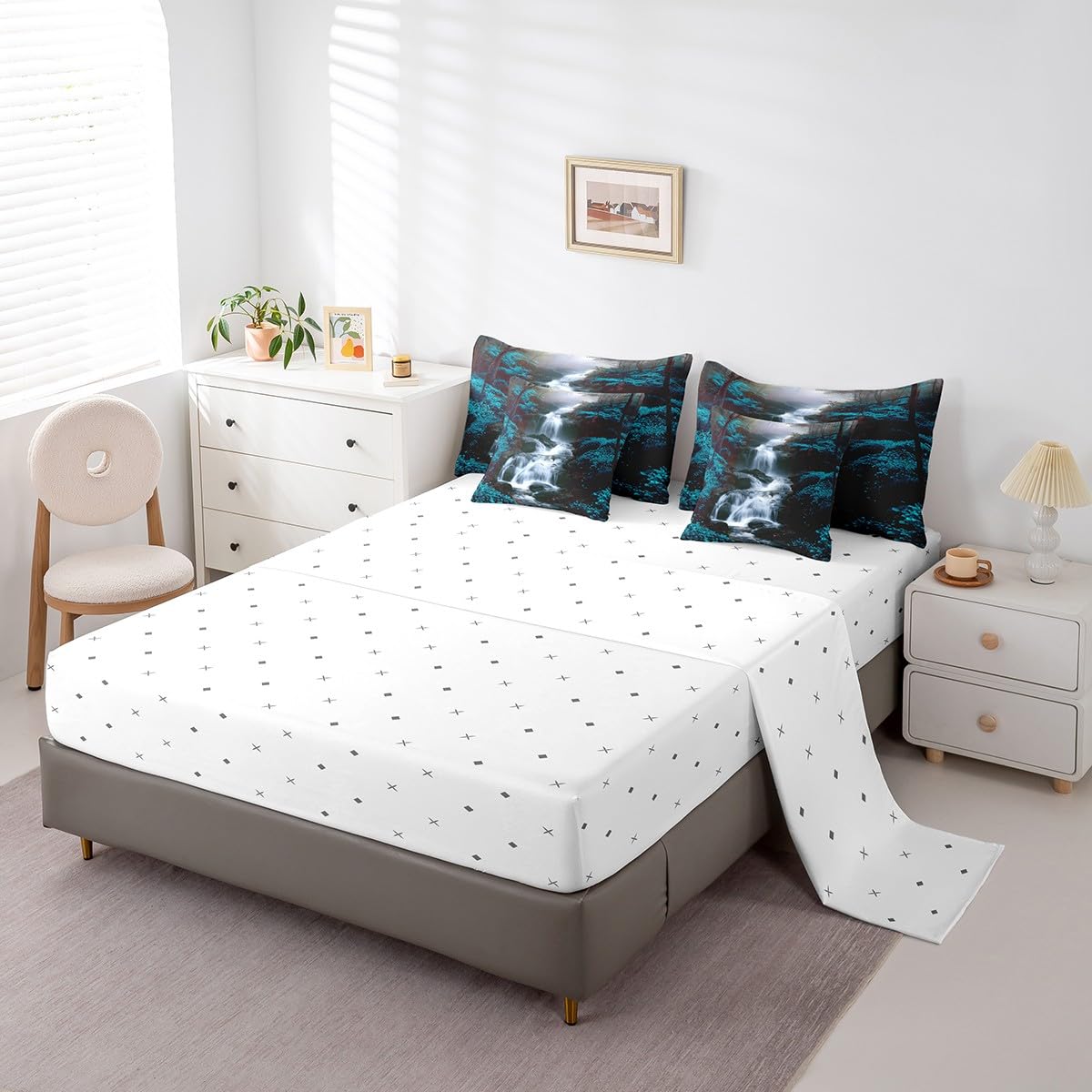 Waterfall Comforter Set with Sheets King Size Kids Chinese Style Zen 7 Piece Bedding Set All Season Teens Nature Scenery Bed in A Bag Breathable Soft Lightweight Ocean Blue Room Decor (Ocean Blue / King)