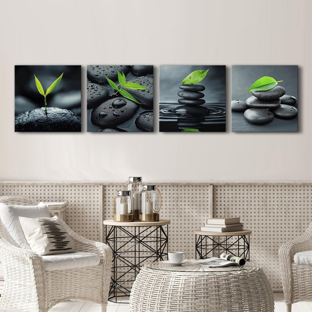 Zen Canvas Wall Art Living Room Bathroom Decor Stone Green Leaves Poster Print Contemporary Yoga Spa Kitchen Wall Decor Black and White Zen Spiritual Meditation Picture Home Decoration 16x16” 4 Pieces (16"L x 16"W / Zen)