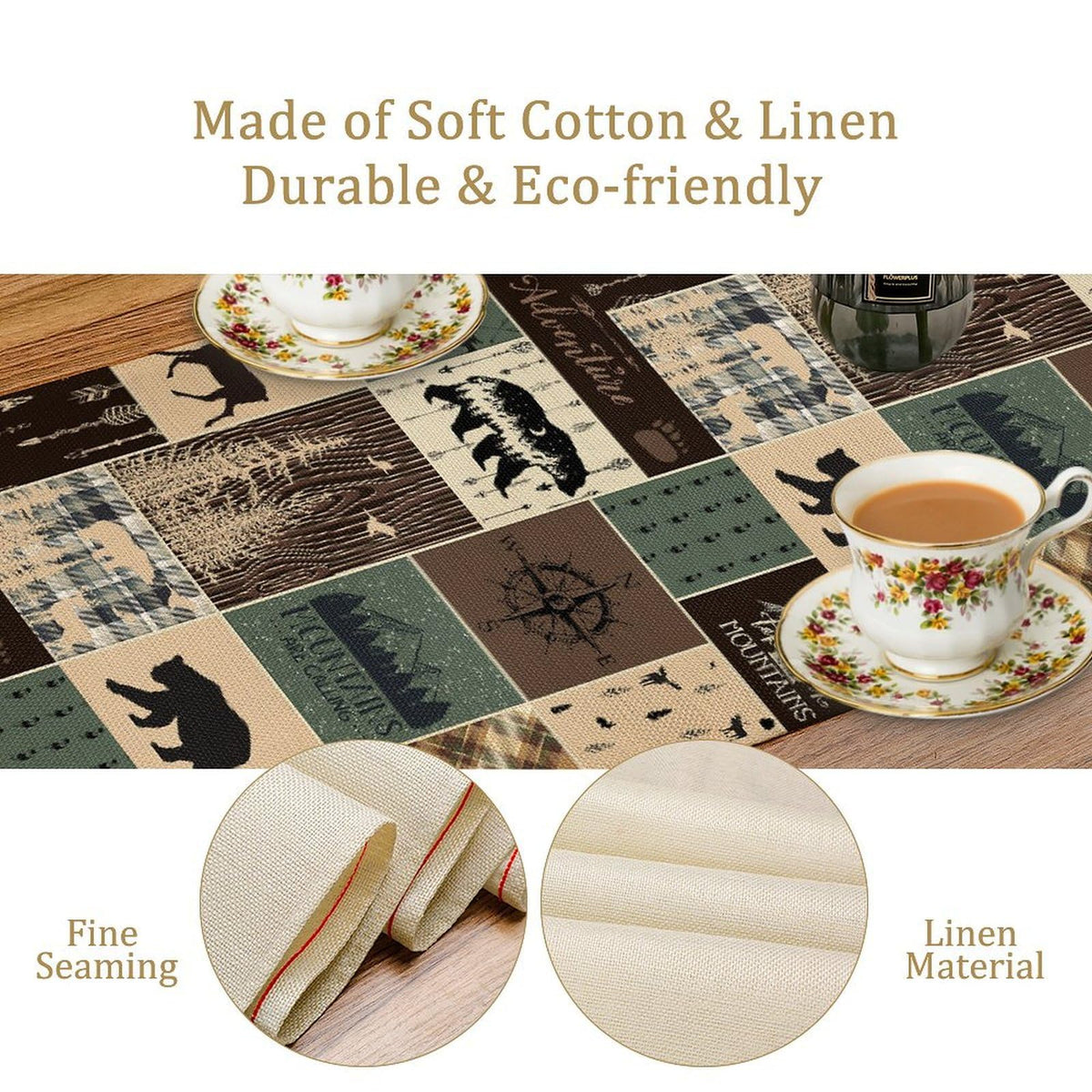 Country Rustic Farmhouse Deer Table Runner Tabletop Cover Vintage Cabin Bear Mountain Hunting Wild Animal Plaid Checkered Printed for Kitchen Dining Room 13x60 Inch (13x60inch / Retrobear-2)