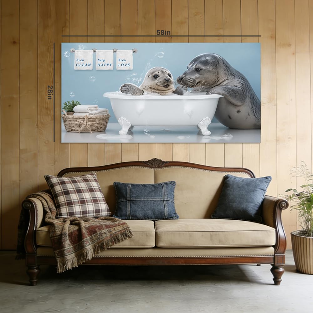 Cute Baby Seal Bubble Bath Canvas Wall Art Funny Animal Bathtub Painting Flat Print Gallery Wrapped Artwork for Living Room Bedroom Bathroom Decor (Wildlife / White Baby Seals Bathtub 22 / 58"L x 28"W)