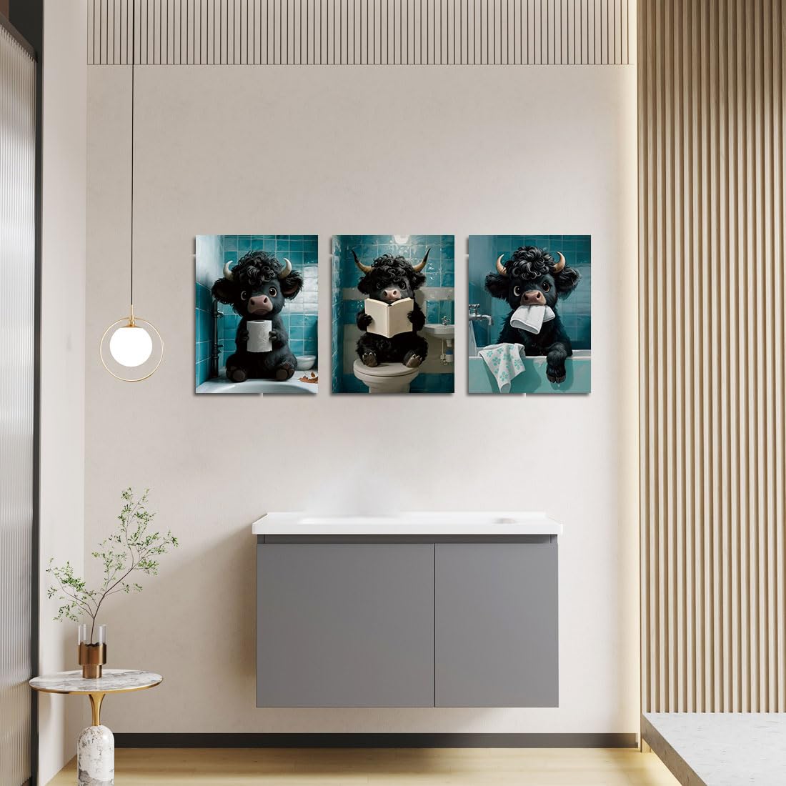 Funny Highland Cow Blue Bathroom Wall Decor Cute Animals Wall Art Set of 3 (12x16 Framed Funny Bathroom Wall Decor)