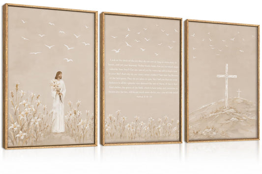 Christian Jesus Bible Verse Framed Canvas Wall Art Set (Neutral Jesus Bible Verse Wall Art / 16"L x 24"W)