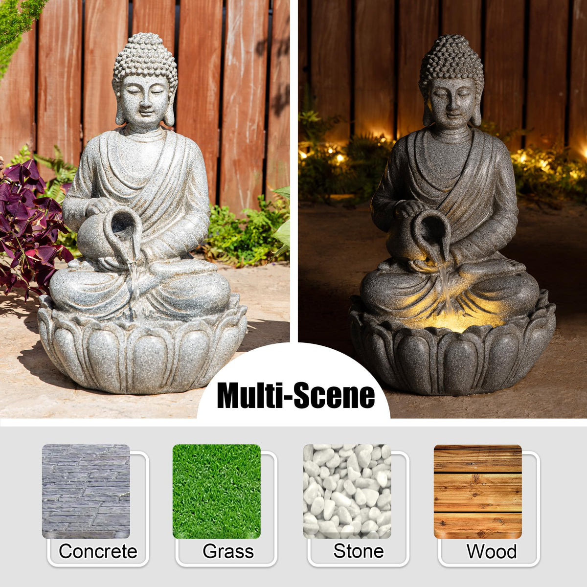 Buddha Fountain Outdoor 20.5" H (Concrete Buddha W/Lotus Basin / 20.5"H)