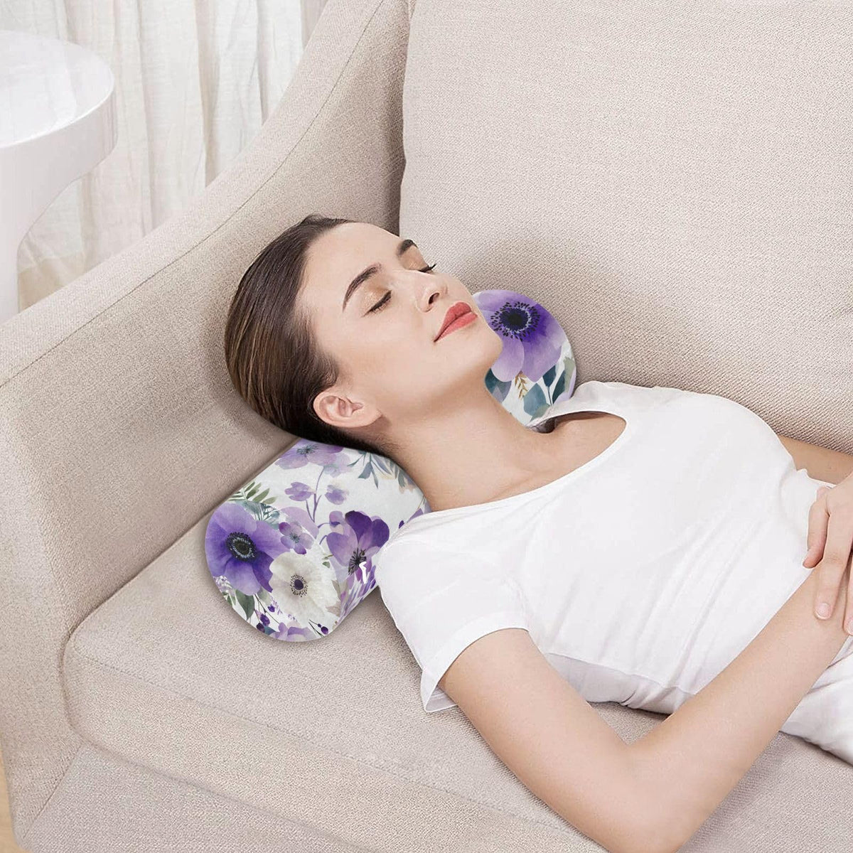 Purple White Lotus Flowers and Berries Neck Roll Pillow Bolster Round Health Memory Foam Long Cervical Cylinder Pillows with Removable Washable Cover for Body Bed Legs Back Yoga (Blue and White Silver Lotus Flowers and Berries)