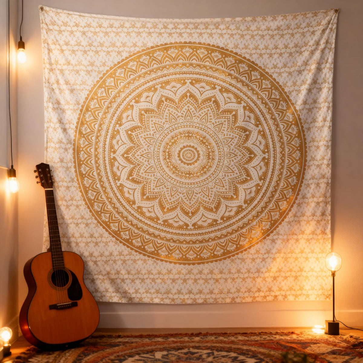 Handmade Cotton Mandala Wall Tapestry (White Gold / 84"L x 54"W)
