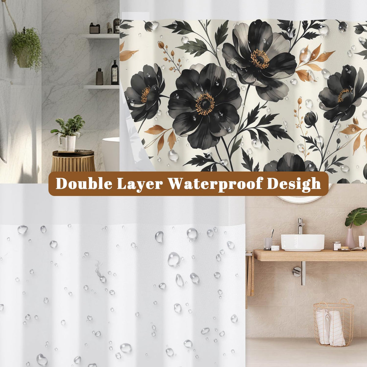 Black Floral Shower Curtain with Snap in Liner (Black Floral)