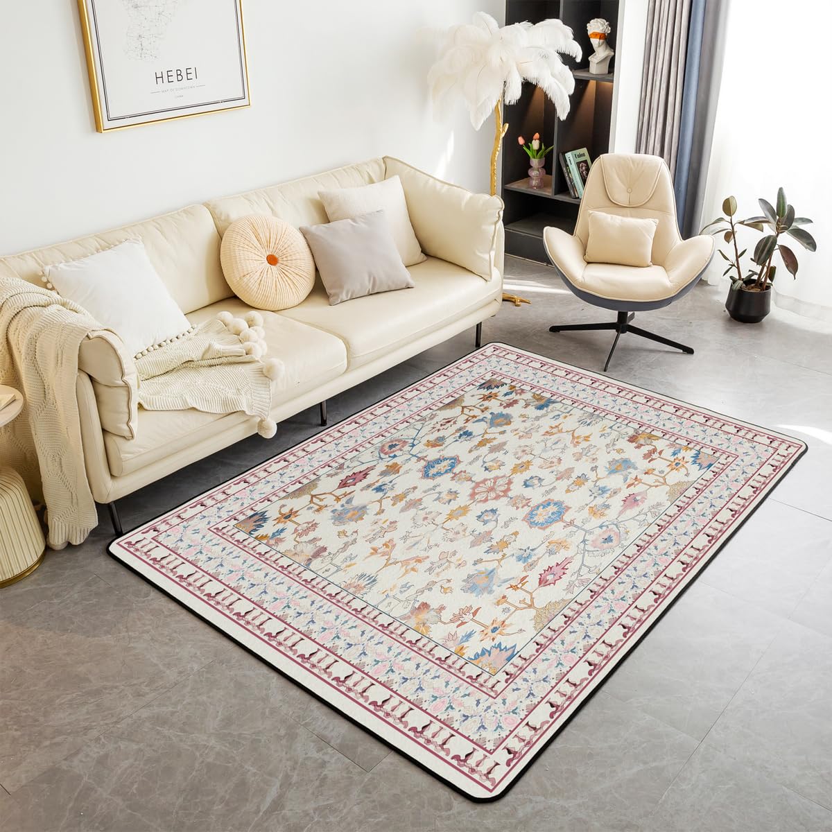 Boho 3x5 Area Rug Vintage Floral Rugs for Living Room (Pink Beige / 3'3" x 4'11" (Rectangular))