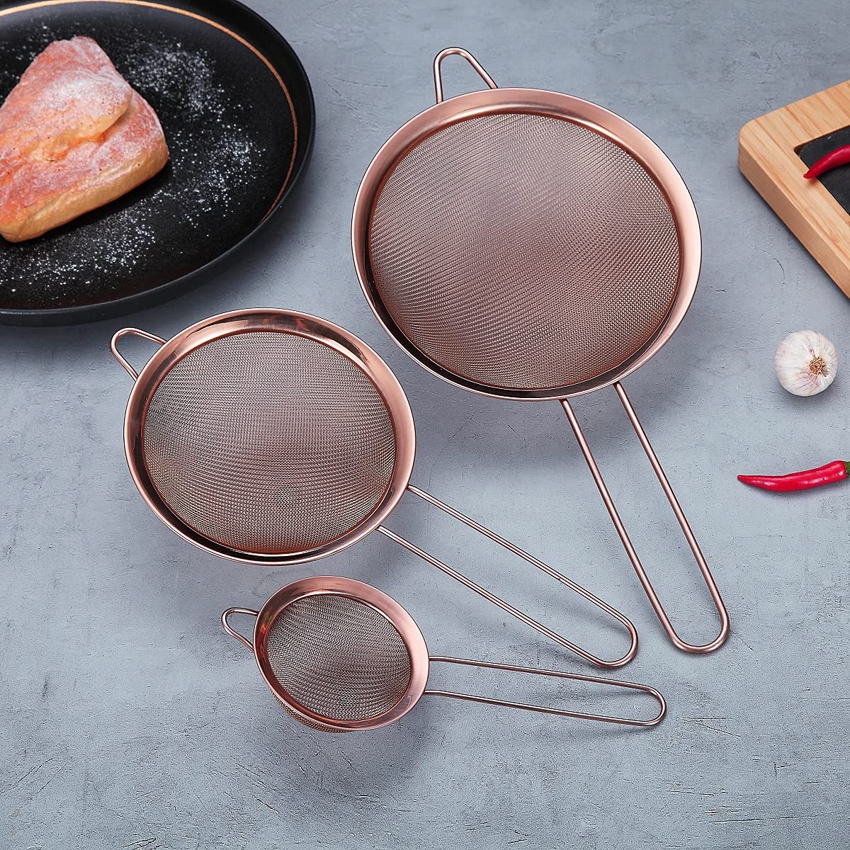 Copper Fine Mesh Strainer 3 Pieces Set (Rose Gold)
