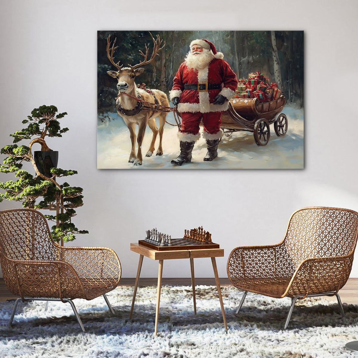 Winter Snowy Forest Landscape Wall Art Santa Style Painting Home Decoration 32x48in (48"L x 32"W / Santa Claus)