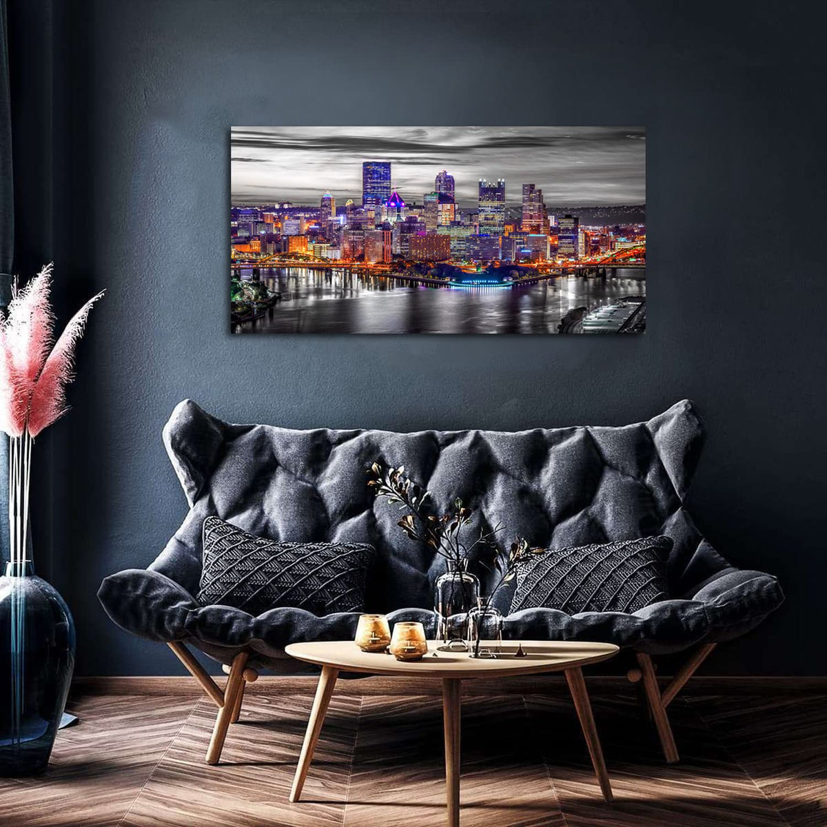 Large Pittsburgh Wall Art Black and White City Skyline Wall Decor for Living Room Office Decor Pennsylvania Night Cityscape Canvas Prints Modern Skyscraper Panoramic for Bedroom Home Decoration 24x48" (48"L x 24"W / Pittsburgh)