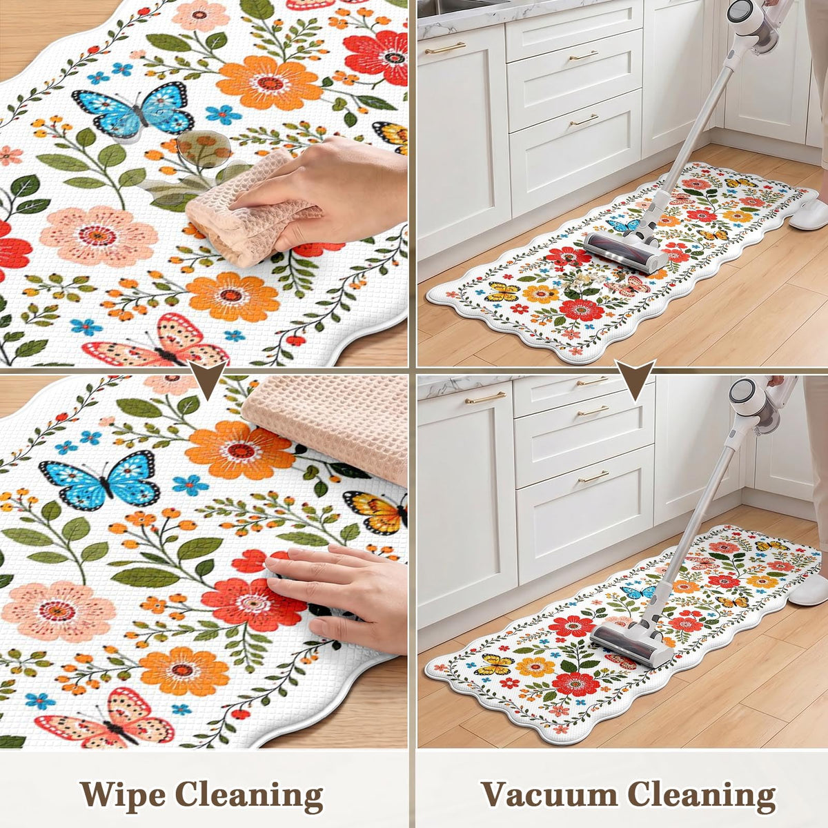 Anti Fatigue Kitchen Mats Set of 2 (White Floral Butterfly / 17.3''x29.9''+17.3''x47'')