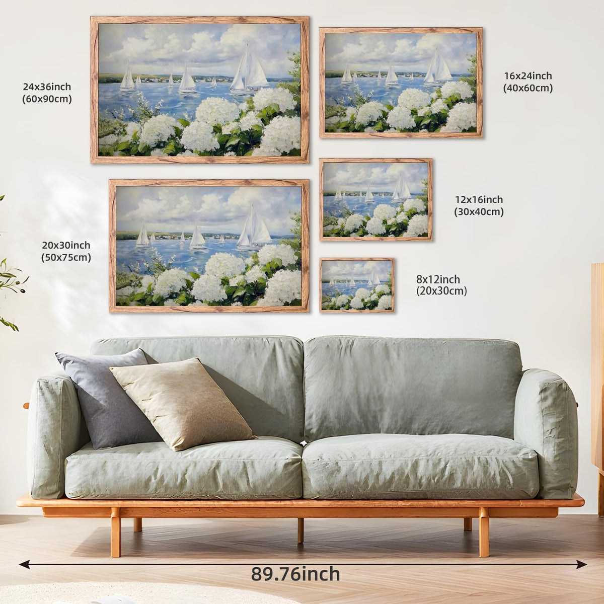 Wood Frame Coastal Wall Art Grandmillennial Preppy Sailboat Posters Nautical Floral Canvas Print Blue White Hydrangea Ocean Painting Cottagecore Wall Decor for Living Room Bedroom 8x12inch (8"L x 12"W / style-5 Wood Framed)