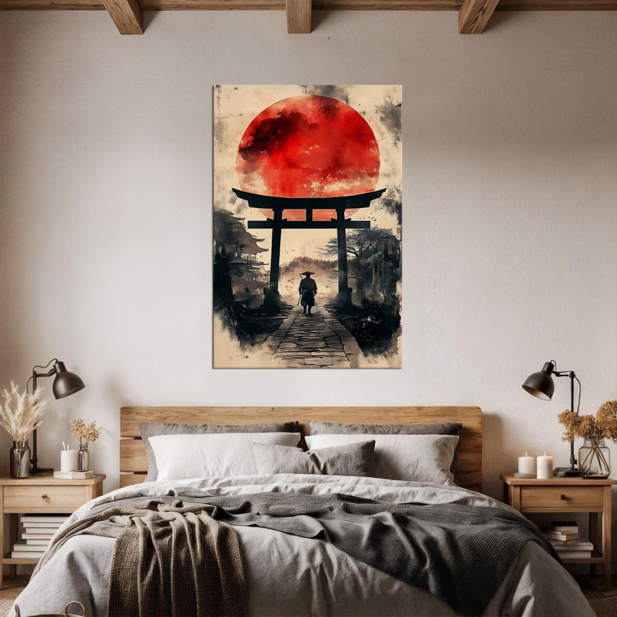 28x44 Inch Ink Wash Canvas Framed Wall Art (28"L x 44"W / Samurai16)