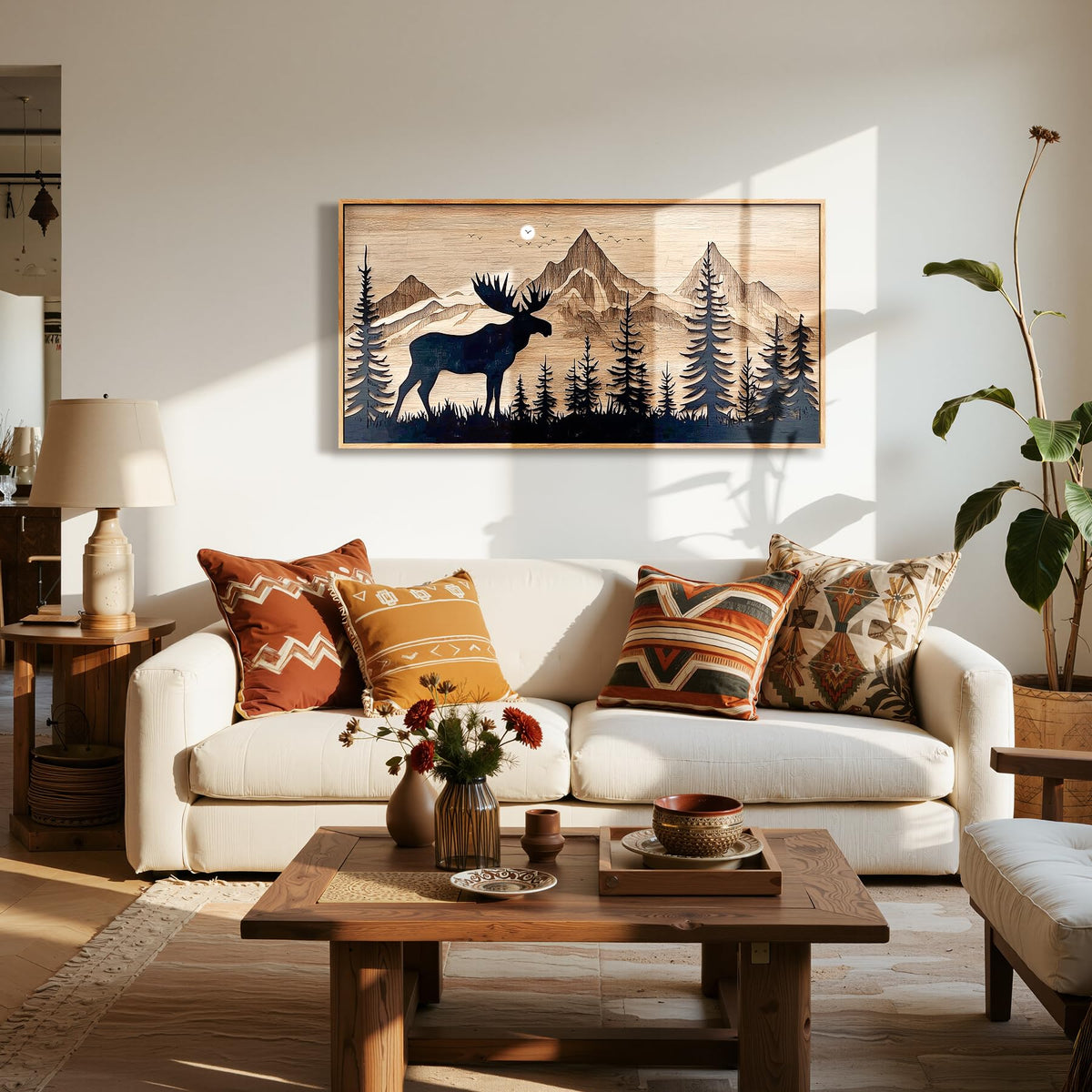 Rustic Nature Deer Forest Wall Art Large Framed Print Beige Decor (Deer Mountain / 40"L x 20"W)