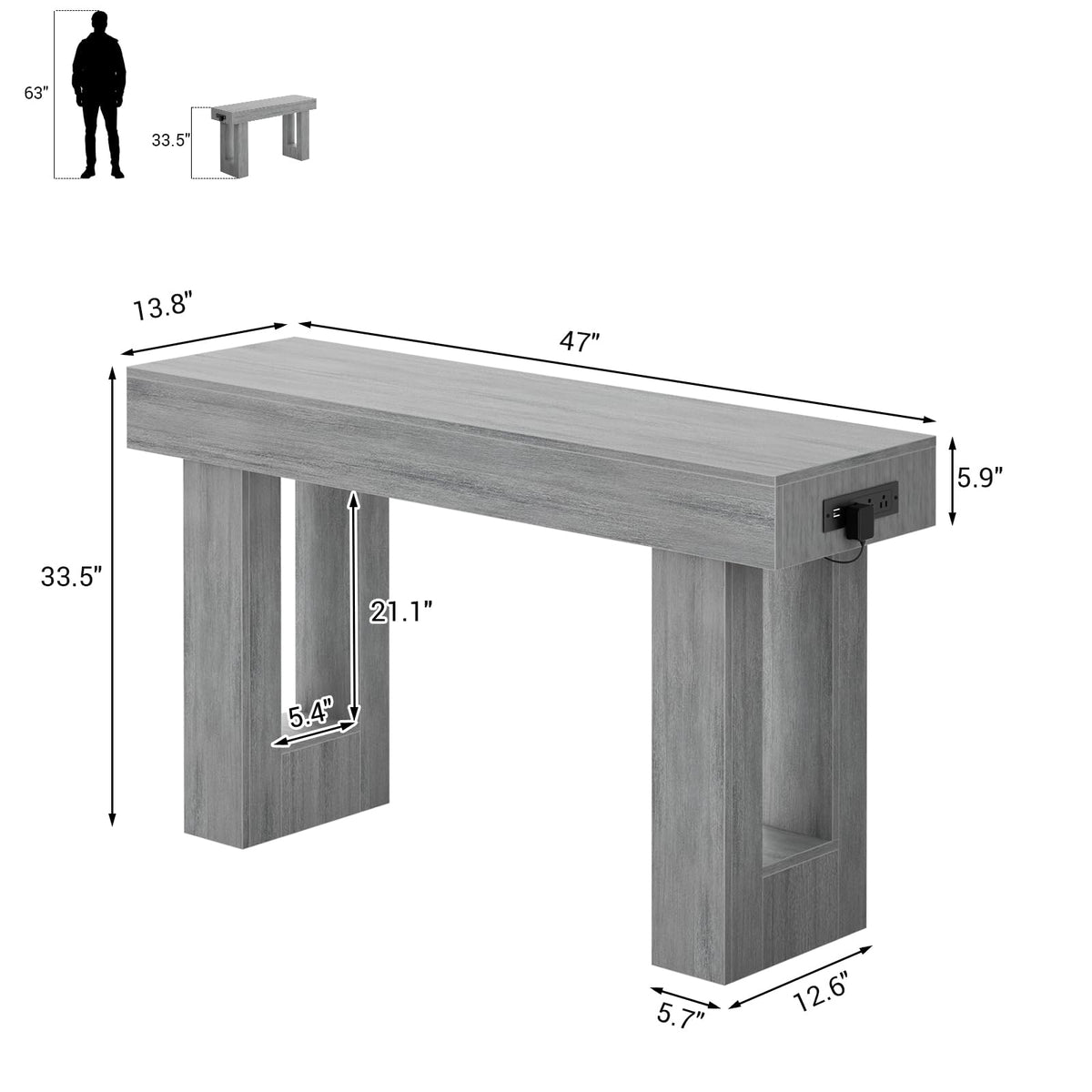 47" Entryway Table with Sensor Light & AC Outlets with USB (White Oak / 47IN)