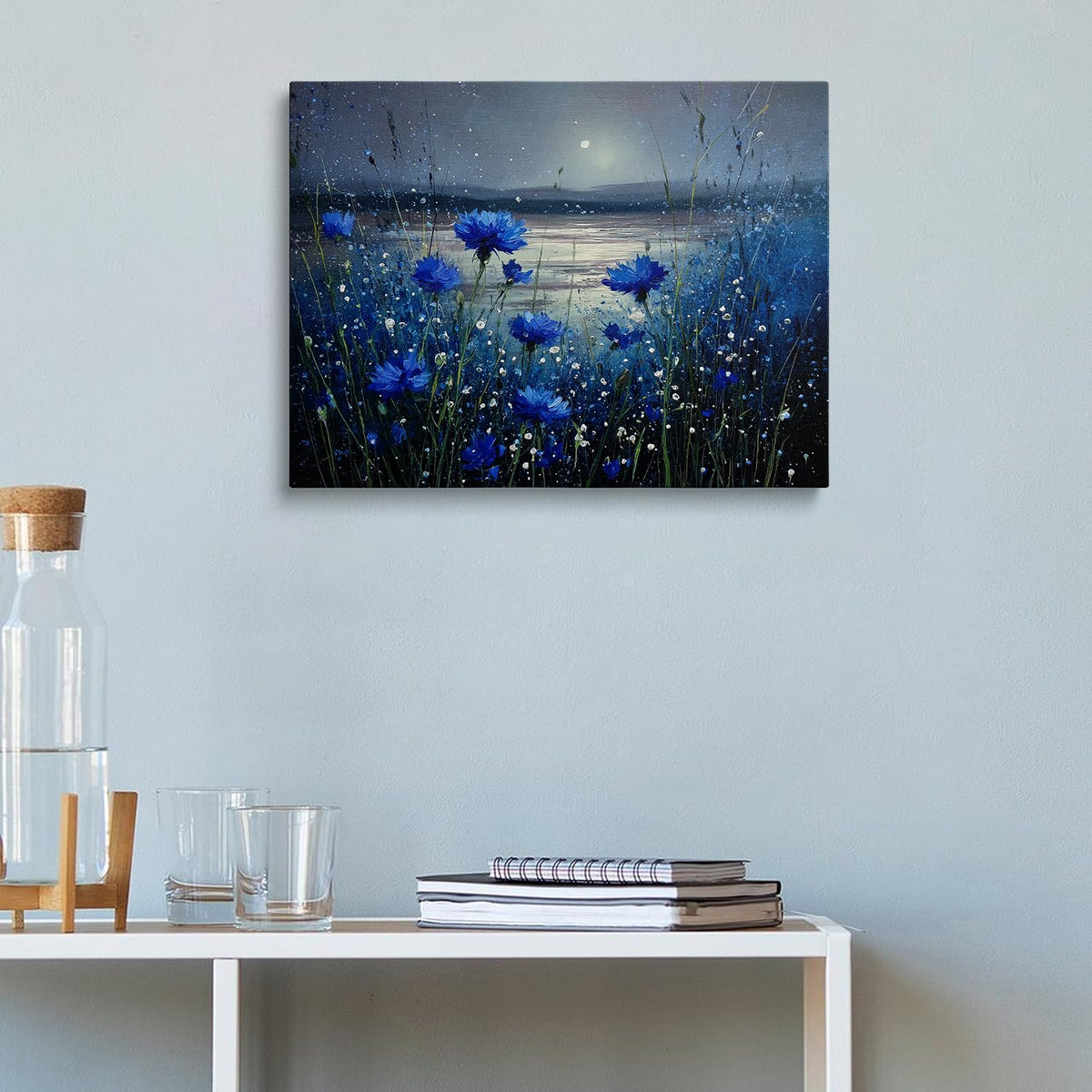 Vibrant Blue Cornflowers Moonlit Lake Landscape Canvas Wall Art (Blue Flower (Wrapped Canvas) / 24"L x 16"W)
