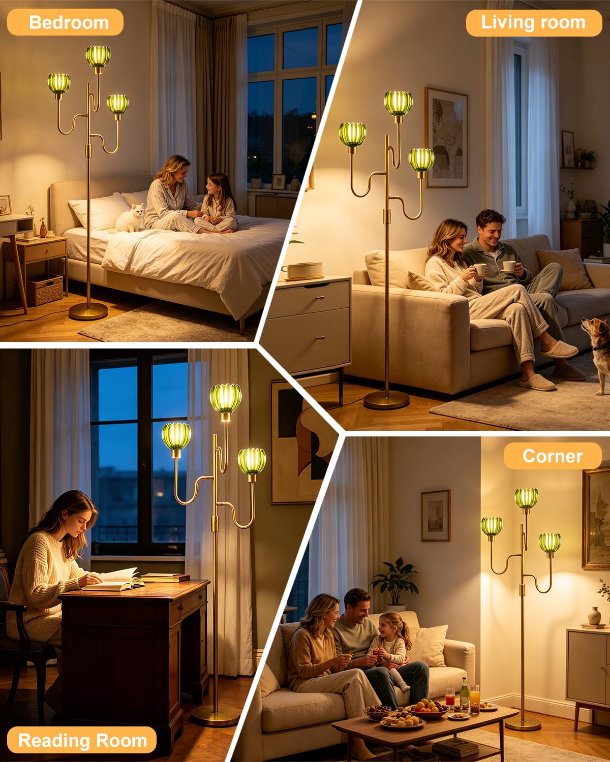 Dimmable Green Glass Floor Lamp Mid Century Modern Gold Floor Lamps with Warm White Bulbs Included 3 (3 Green Tulip-Gold)