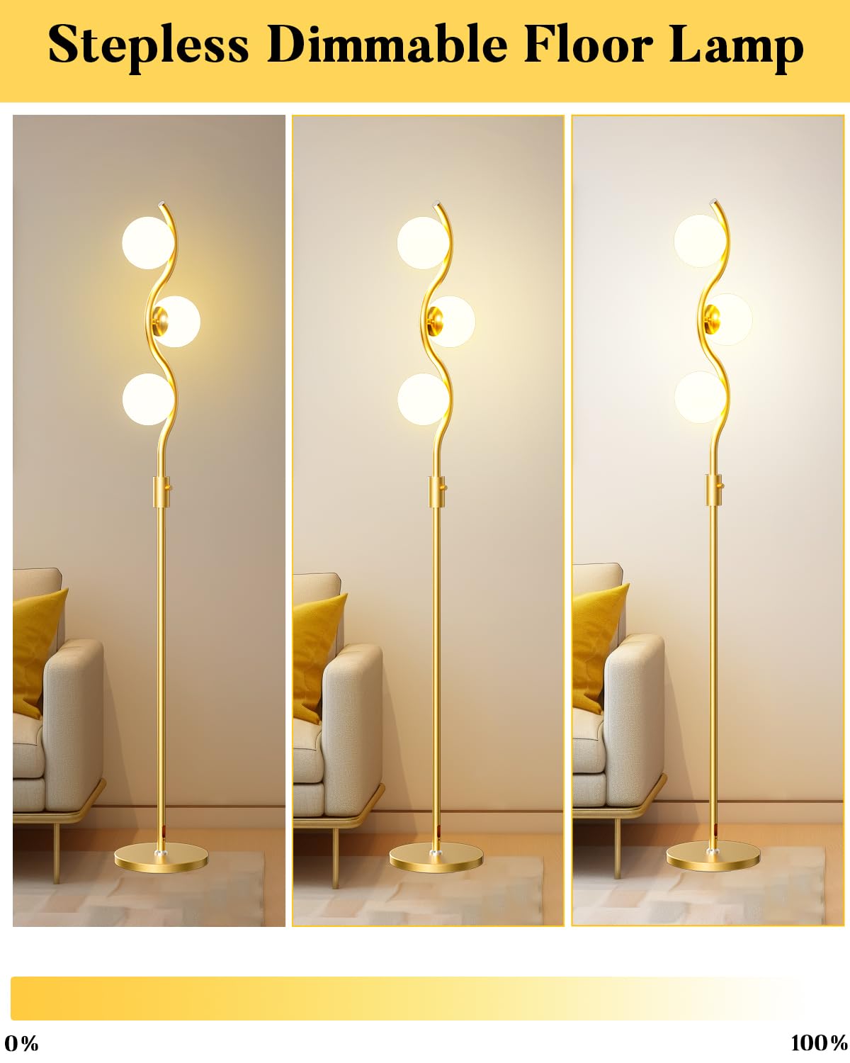 60IN Gold Floor Lamp Stepless Dimmable Globe Floor Lamps with 3Pcs 3000K Bulbs Eye (Gold-3S)