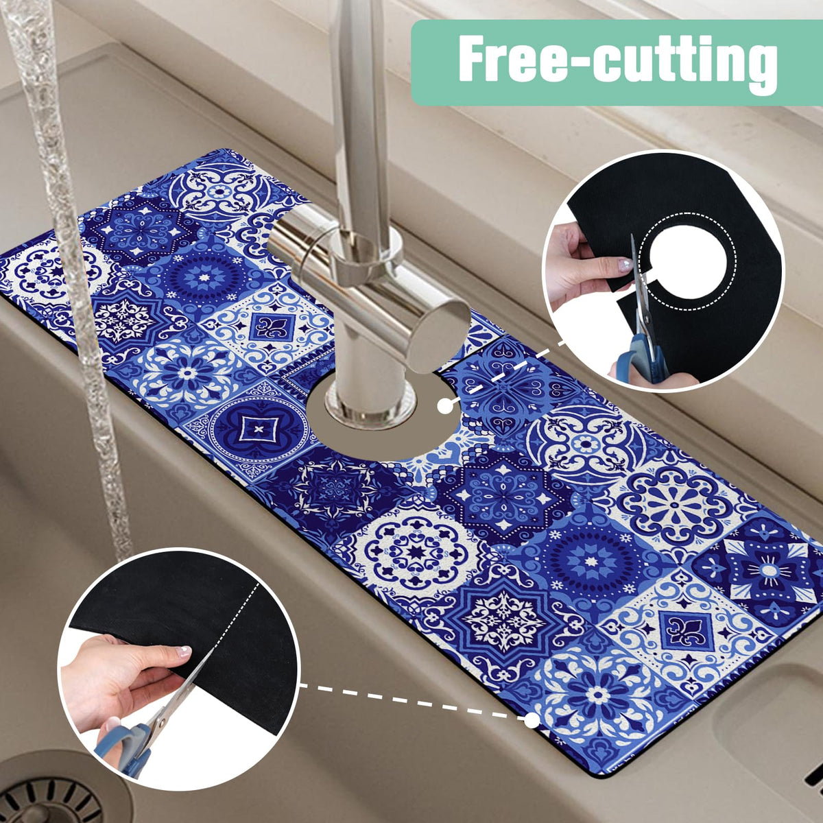 Kitchen Sink Splash Guard Faucet Mat 15" X 5.5" Talavera Mexican Tiles Absorbent Fast Drying Mat Faucet Draining Mat Sink Splash Guard Behind Faucet Drip Catcher for Kitchen Bathroom (15*5.5in / tile02)