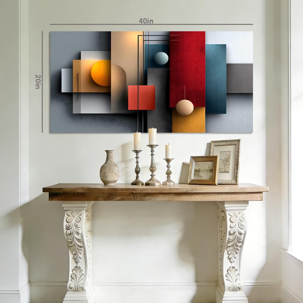 Modern Abstract Geometric Canvas Wall Art Bauhaus Painting Flat Print Gallery Wrapped Colorful Artwork for Living Room Bedroom Bathroom Decor (Abstract / Red Abstract 10 / 40"L x 20"W)