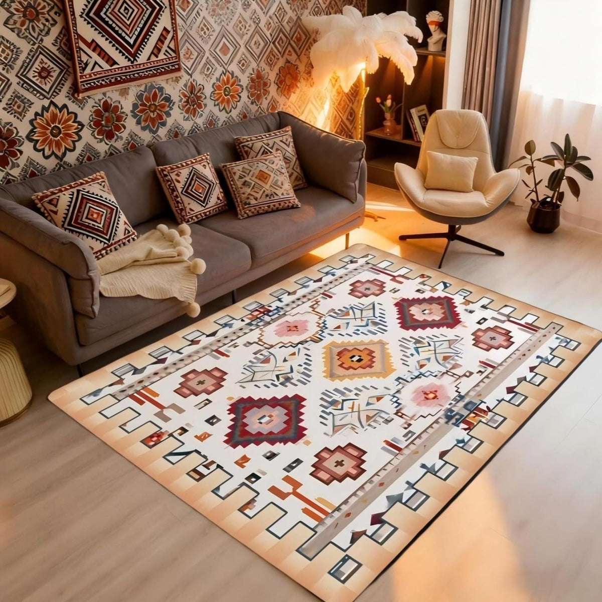 Bohemian Large Area Rug 5x7 Boho Decor Western Living Room Rug (Beige White / 4'11" x 6'6" (Rectangular))