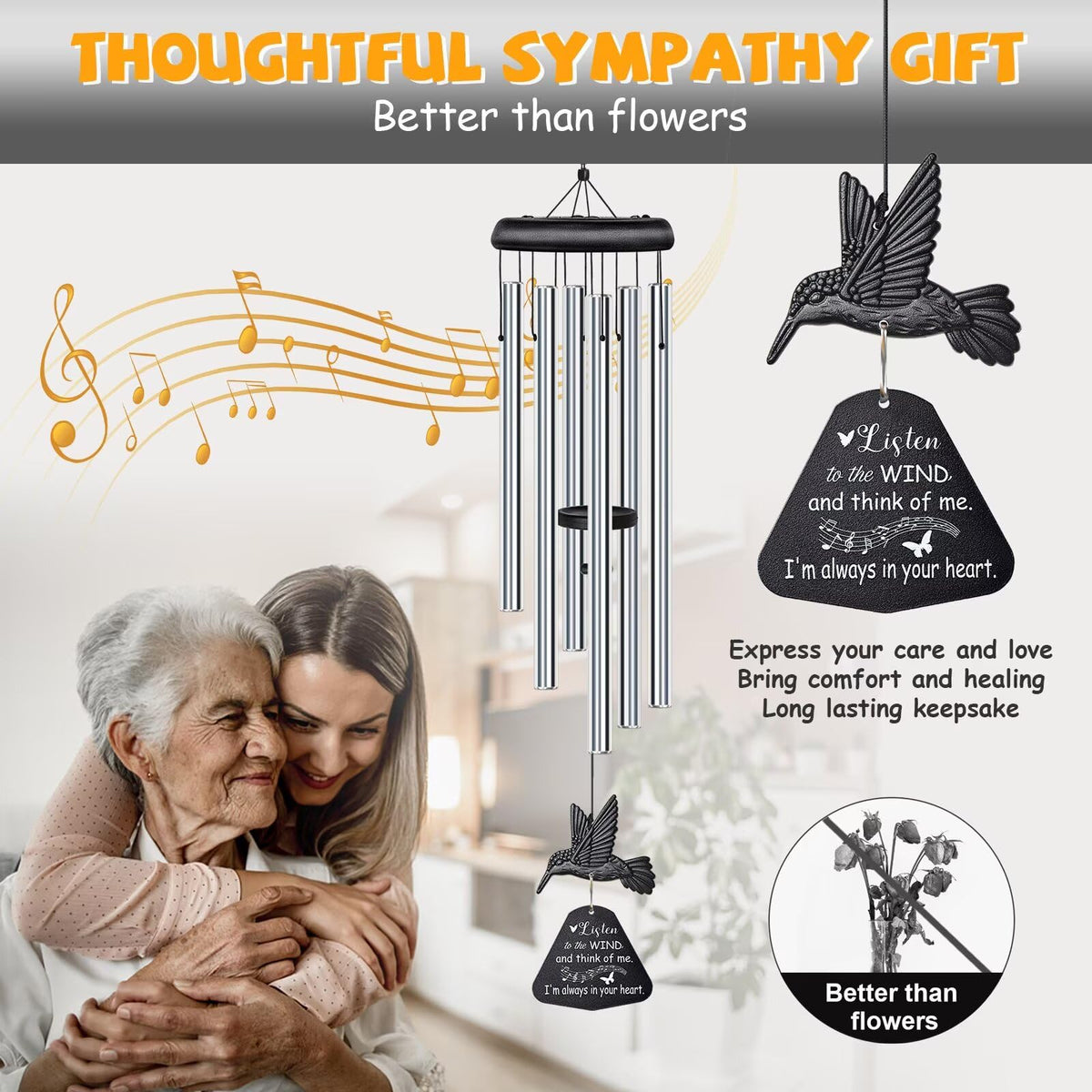Sympathy Wind Chimes for Outside Deep Tone (Silver Hummingbird)