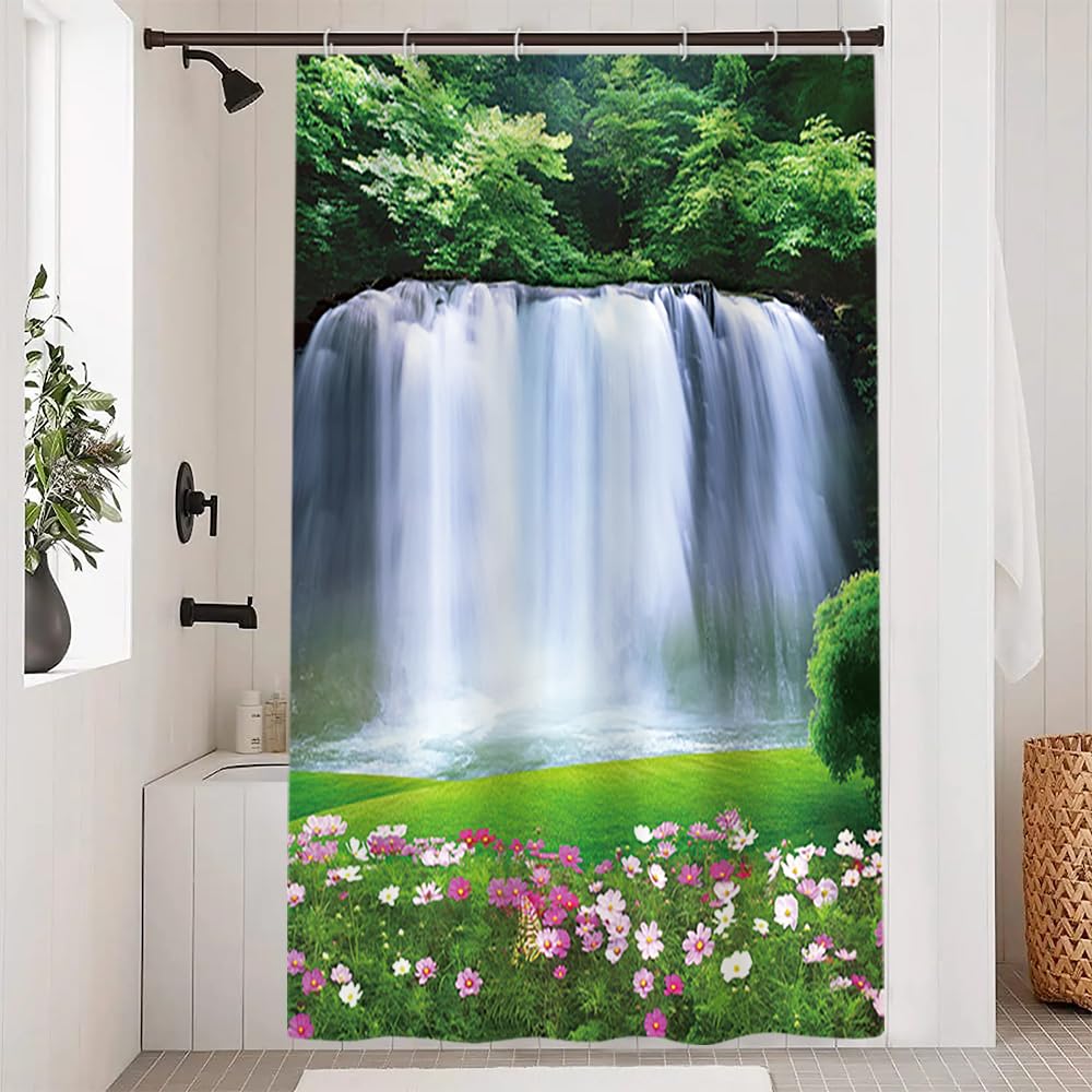 Spring Scenery Shower Curtain Set Decor Forest View Magnificent Waterfall Landscape Natural Scecery Green Leaves Grass Pink Floral Bath Curtain for Bathroom Decor with Hooks (60"W x 72"L (Pack of 1) / Green03)