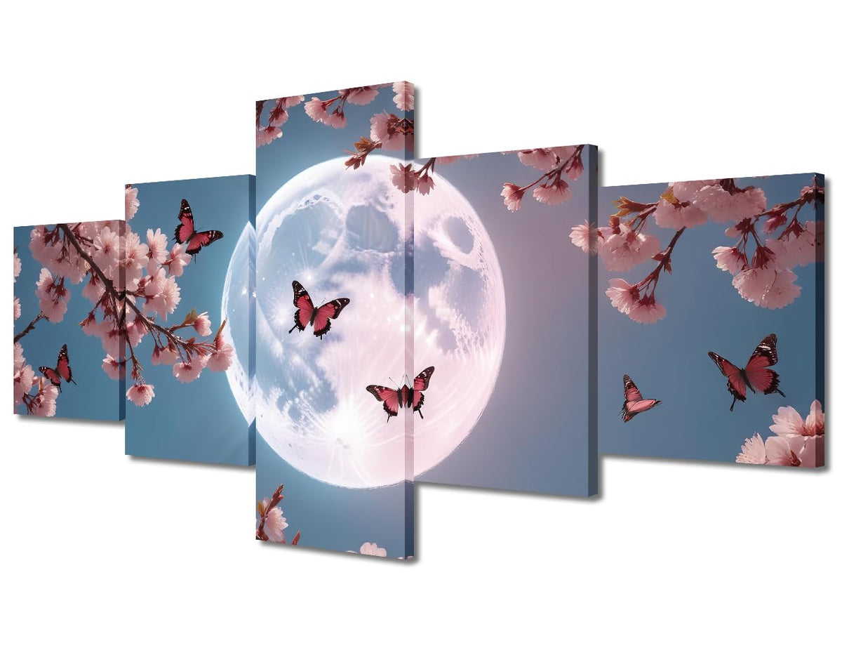 Canvas Wall Art Enchanting Moonlit Sakura Five Panel Framed Painting Japanese Spring Nightscape Decor Zen Garden Wall Art Spa Relaxation Decor Ready To Hang 50"Wx24"H‌ (50''Wx24''H / Artwork-09)