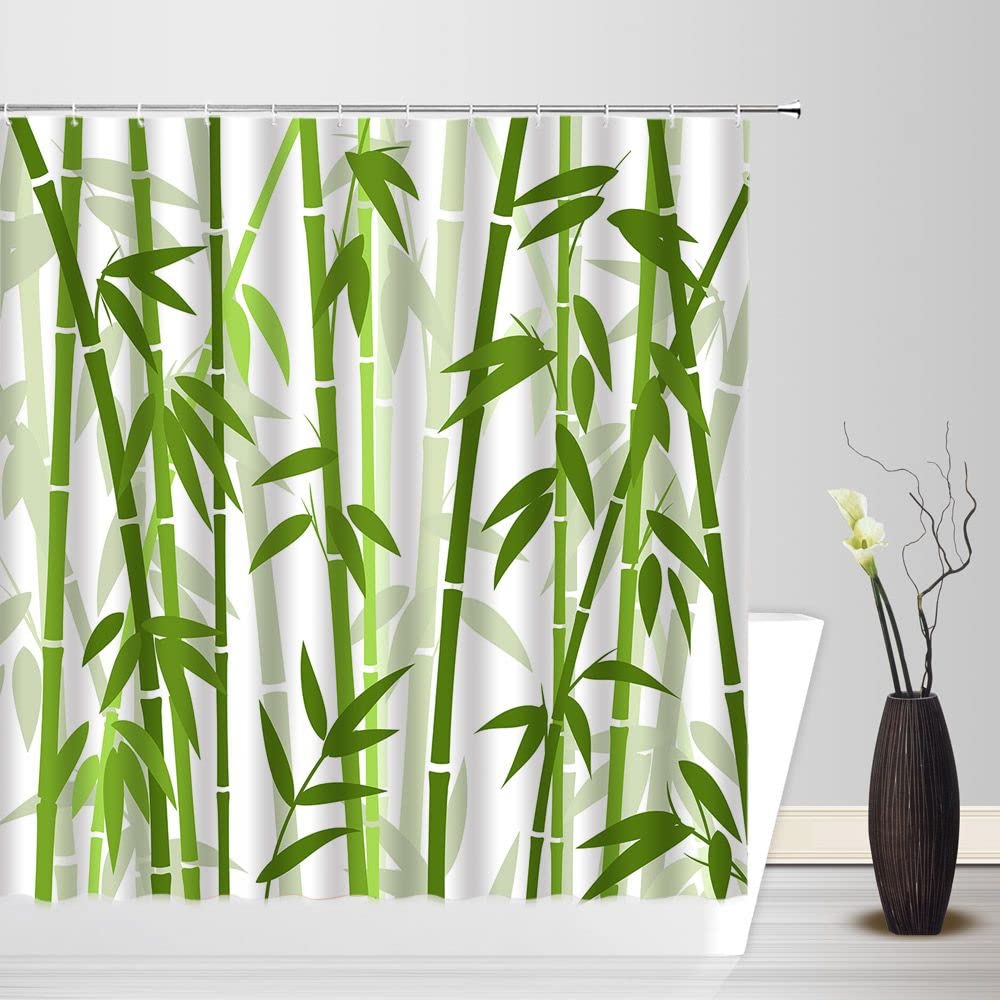 Bamboo Shower Curtain Green Bamboo Forest Tree Japanese Asain Art Rustic Wild Nature Plant Scenic Watercolor Fresh Spa Fabric Bathroom Sets with Hooks (Green / 67"W x 70"L (Pack of 1))