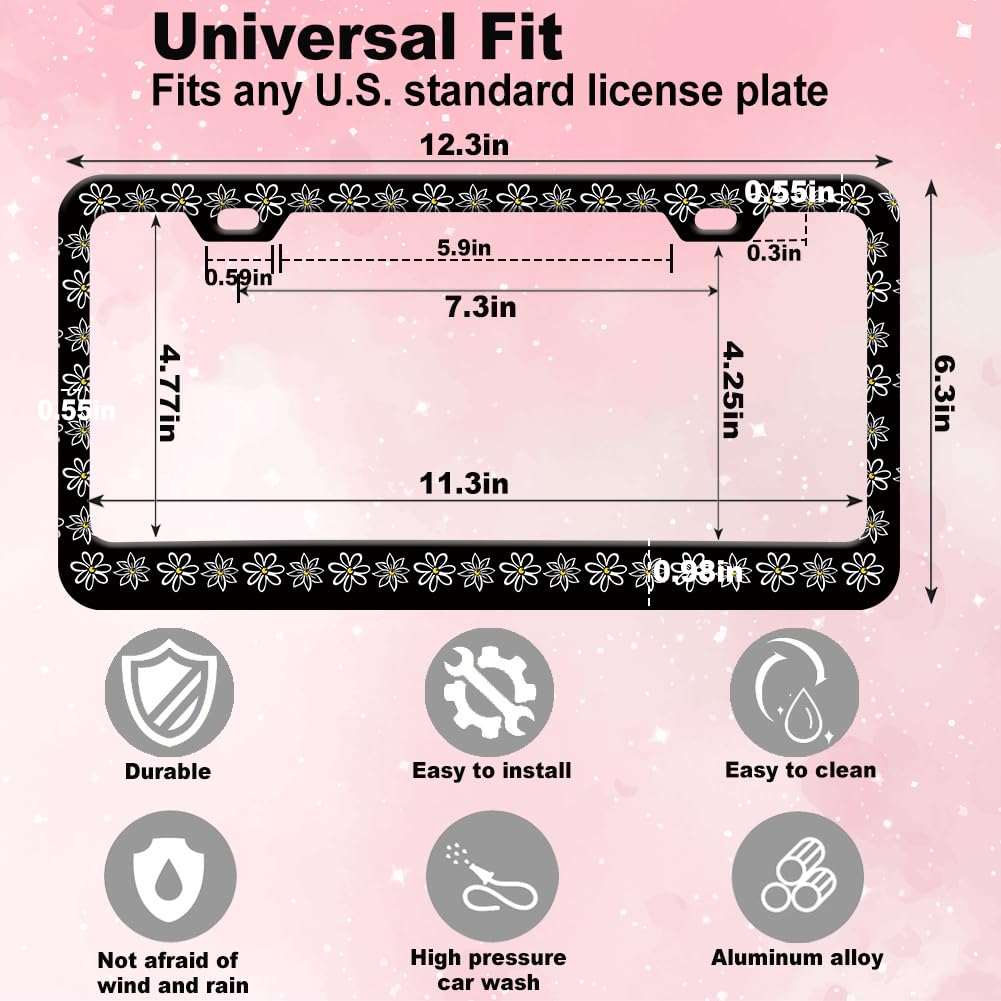 Black White Floral License Plate Frame for Women 1Pc Car Tag (for Floral-Daisy b / 1 pack)