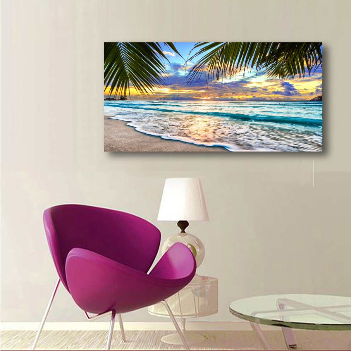 Beach Canvas Wall Art Seascape Theme Pictures Home Decor Blue Ocean White Wave Palm Tree Prints Paintings for Living Room Bathroom Bedroom Kitchen Office Decoration Natural Scenery Artwork 24x48inches (48"L x 24"W / Blue Ocean White Wave Green Palm Tree)
