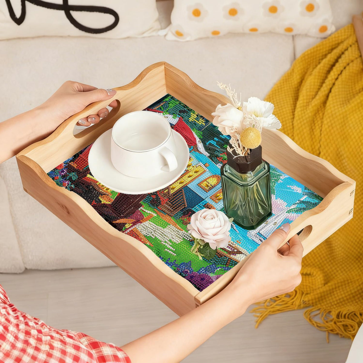 5D Diamond Painting Landscape Diamond Art Kits for Adults Wooden Serving Trays with Handles Big Gem Arts and Craft Gifts Trays Decor Gift Home Decor 7.8x11.8 Inches Scenery (D Landscape BA NEW)