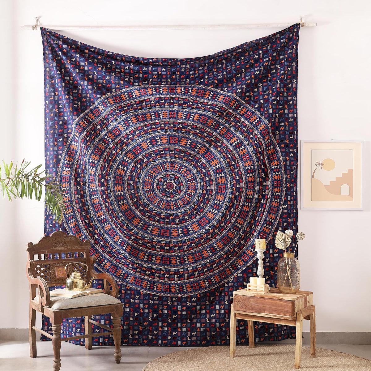 Queen Mandala Hippie Hippy Camel Ethinic Psychedelic Tapestry Wall Hanging (105L" x 81W" / Camel Blue Orange)