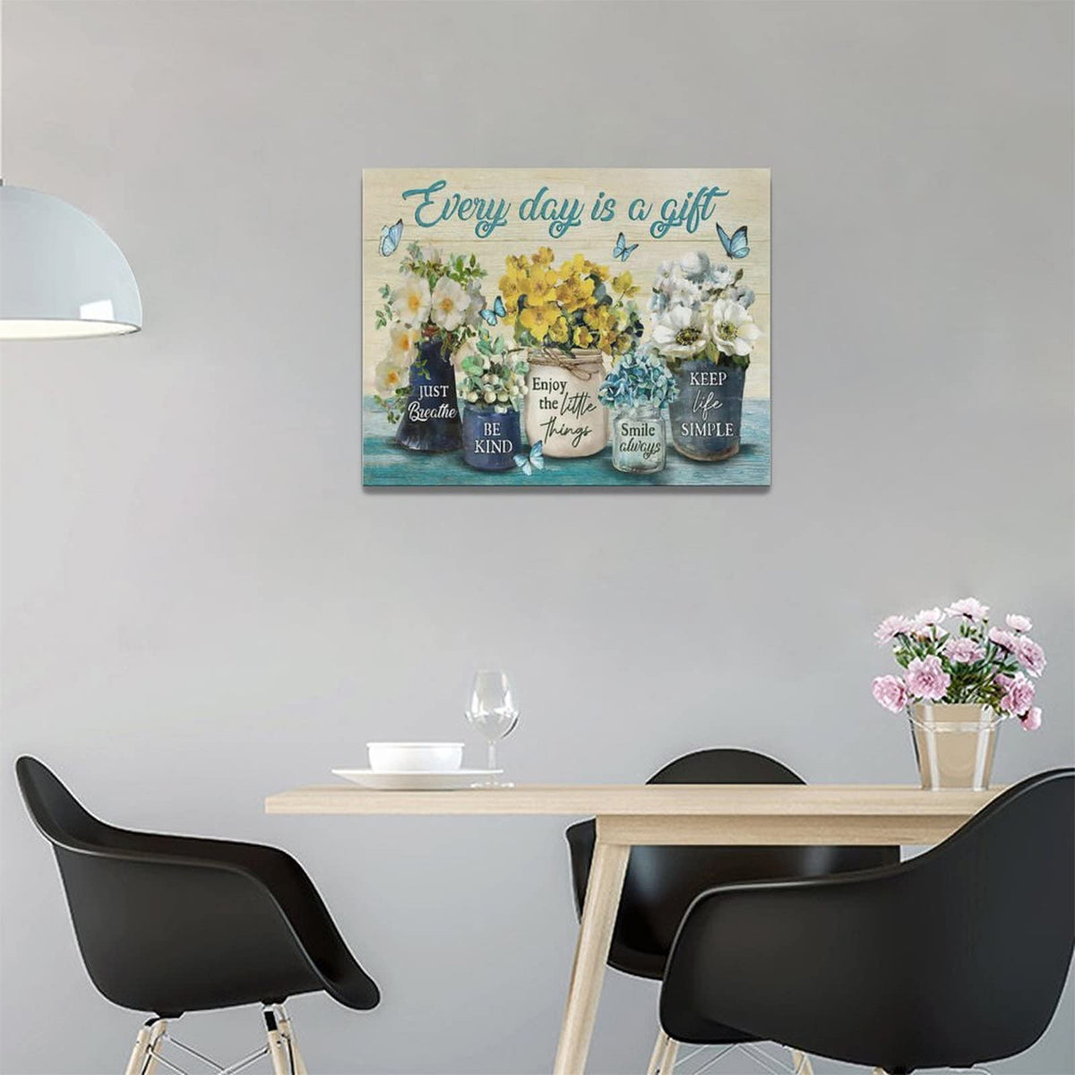 Farmhouse Bathroom Flower Decor Wall Art Every Day is A Gift Butterfly Floral Inspirational Quotes Pictures Wall Decor Canvas Painting Prints Artwork Home Decorations Framed for Bedroom 16"x12" (Yellow Flower / 16"L x 12"W)