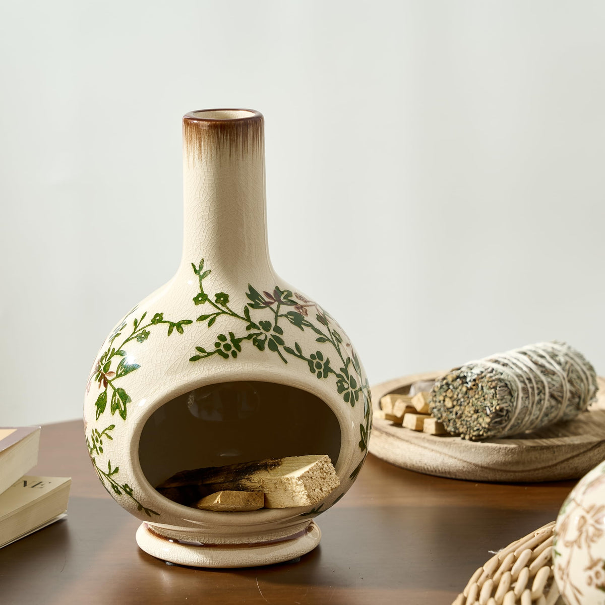 Handmade Ceramic Incense Holder (Green and Beige / 7.5 inches Tall)