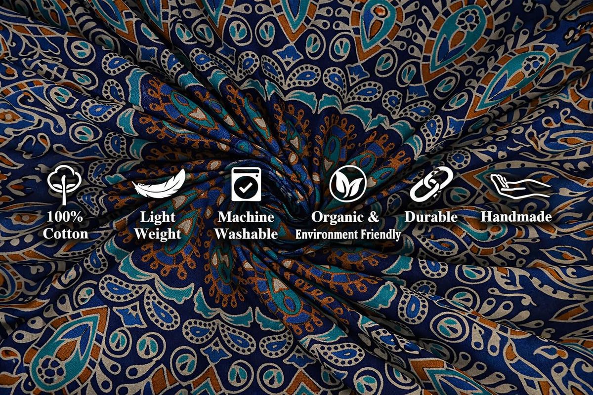 Handmade Cotton Peacock Mandala Tapestry (60"L x 50"W / Navy Blue)