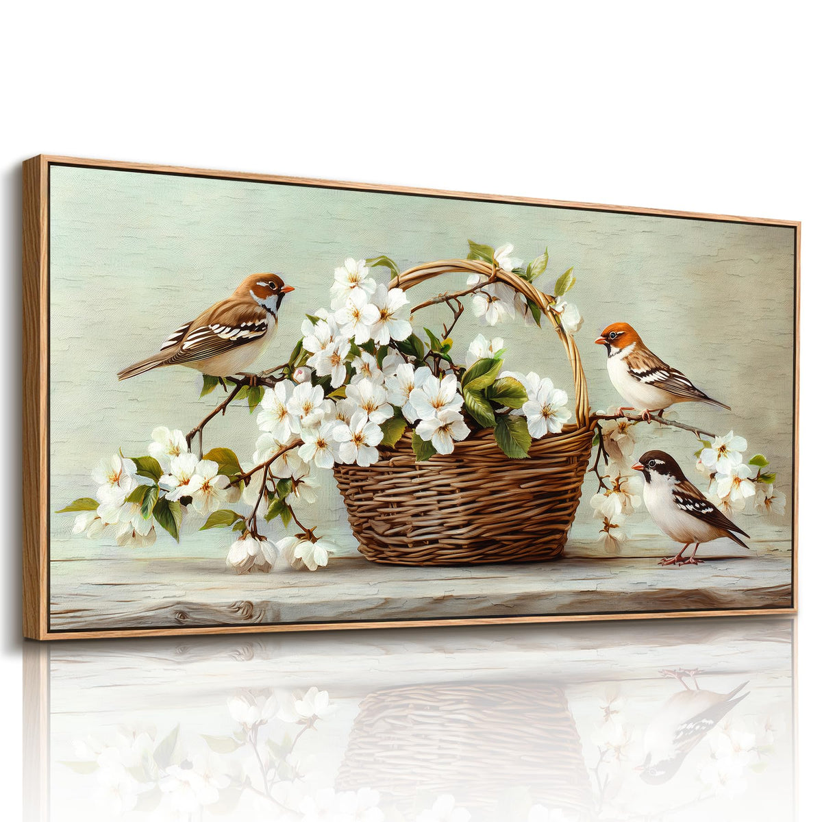 Vintage Still Life Large Framed Wall Art Spring Flower Birds Decor (Sparrows Flowers / 48"L x 24"W)
